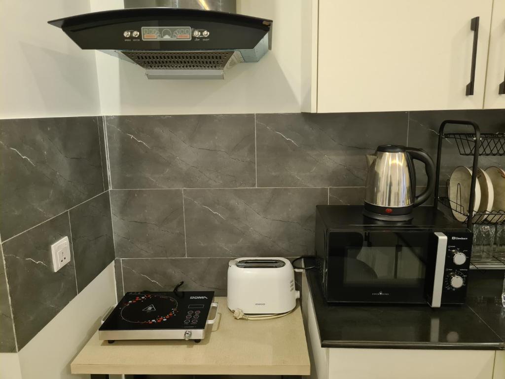 a kitchen with a counter with a toaster and a microwave at 1 Bed Modern Apartment, Pool, Gym, Cinema in Lahore
