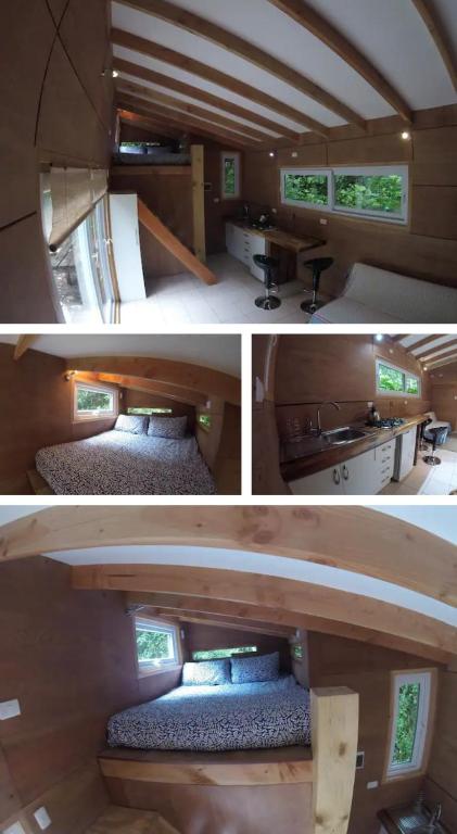 dos fotos de una habitación con una cama en una casa pequeña en Loft Bosque Pucon, en Pucón