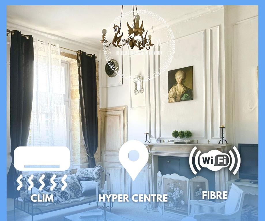a rendering of a living room with a chandelier at Caporizon-Sarlat l'élégance-T2 Plein centre cité médiévale in Sarlat-la-Canéda