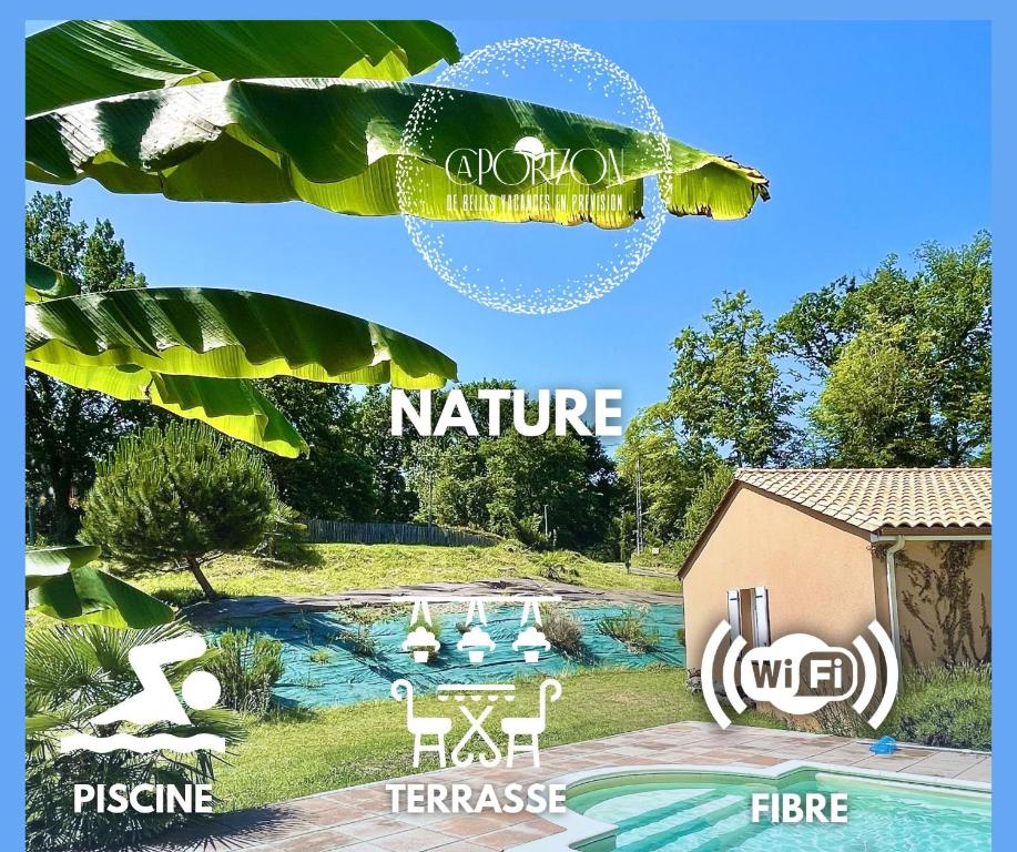 un collage de fotos de un patio trasero con piscina en Caporizon - Villa Puy d'Aiguillon- Piscine - 6 personnes 
