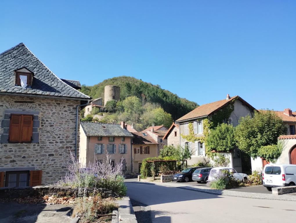 a small village with a mountain in the background at Hotel Rêve de la Vallée in Blesle
