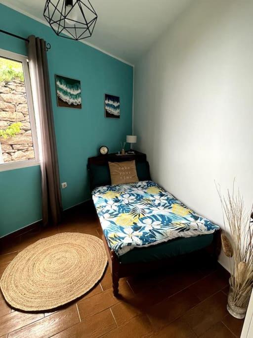 a bedroom with a bed in a room with a window at Kleines Haus am Meer in Arco da Calheta