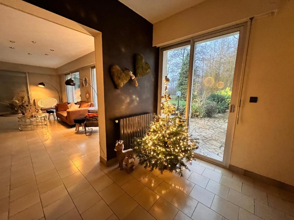 a living room with a christmas tree on the floor at La Lumineuse du Moulin in Saint-Germain-sur-Bresle