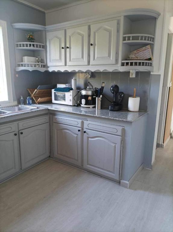 a kitchen with white cabinets and a sink at Villa Imelda à saint André la réunion in Le Patelin