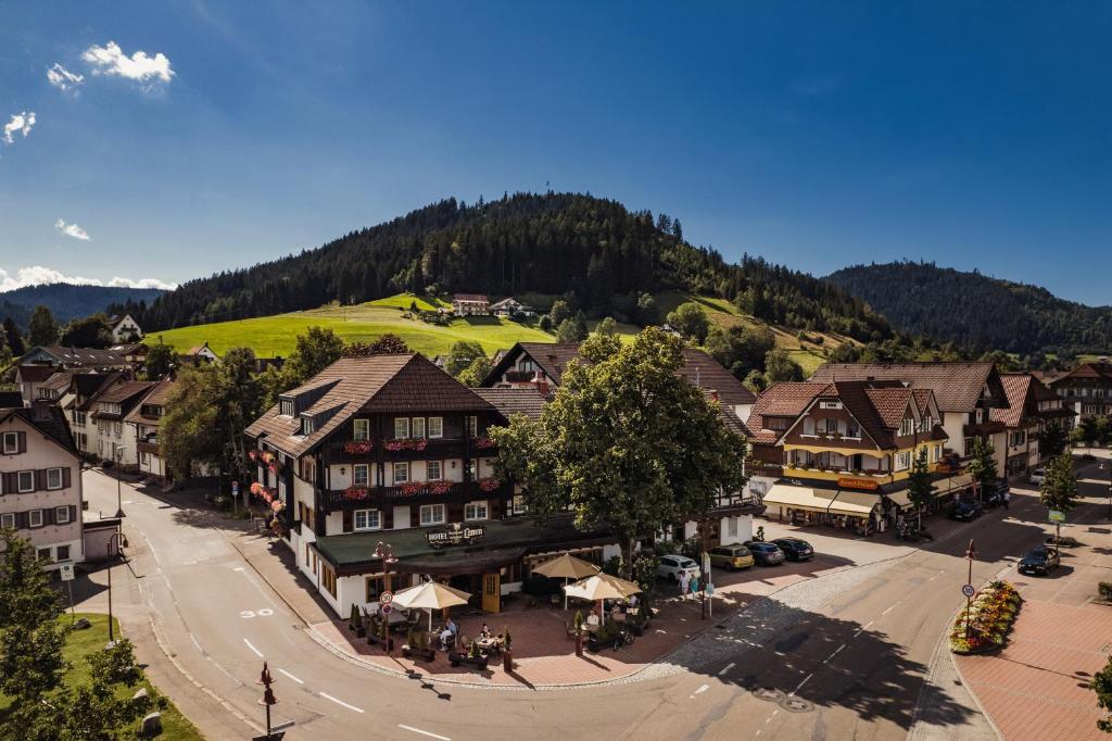 an overhead view of a town in the mountains at Hotel Lamm in Baiersbronn