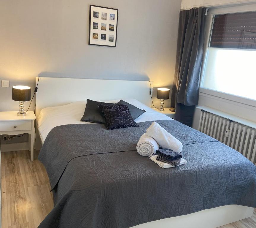 ein Schlafzimmer mit einem Bett mit Handtüchern darauf in der Unterkunft Hirondelle : Appartement privé avec garage in Annecy