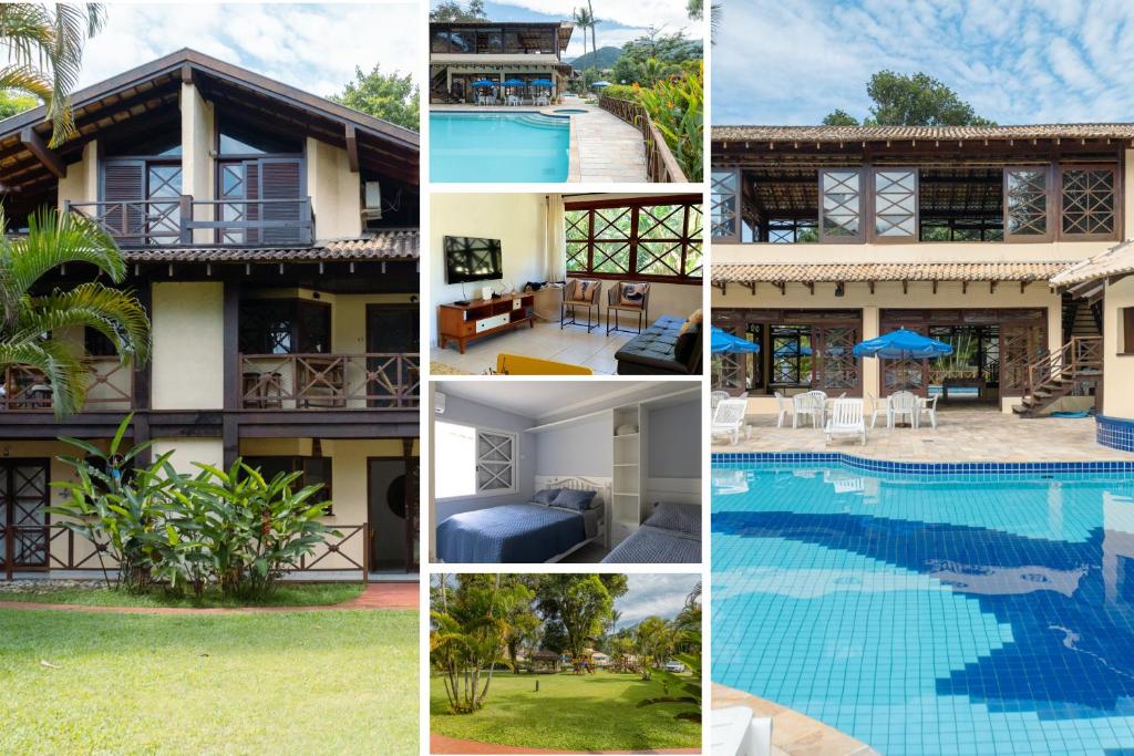 a collage of photos of a house and a swimming pool at Flats de 1 e 2 dorm a 50m da Praia Maresias - Cond Lazer Completo in Maresias