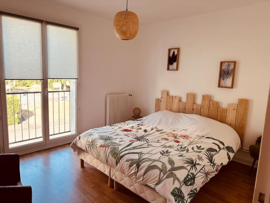 - une chambre avec un lit et 2 fenêtres dans l'établissement Cocon berrichon Châteauroux-Déols, à Déols