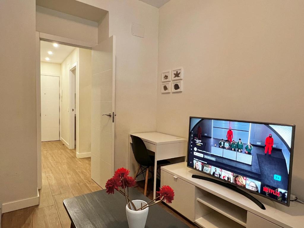 sala de estar con TV de pantalla plana en Apartamentos Chamberí, en Madrid