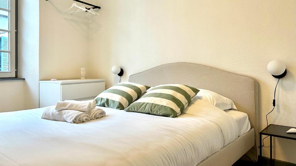 ein Schlafzimmer mit einem Bett mit zwei Kissen darauf in der Unterkunft Élégance et Cathédrale in Nevers