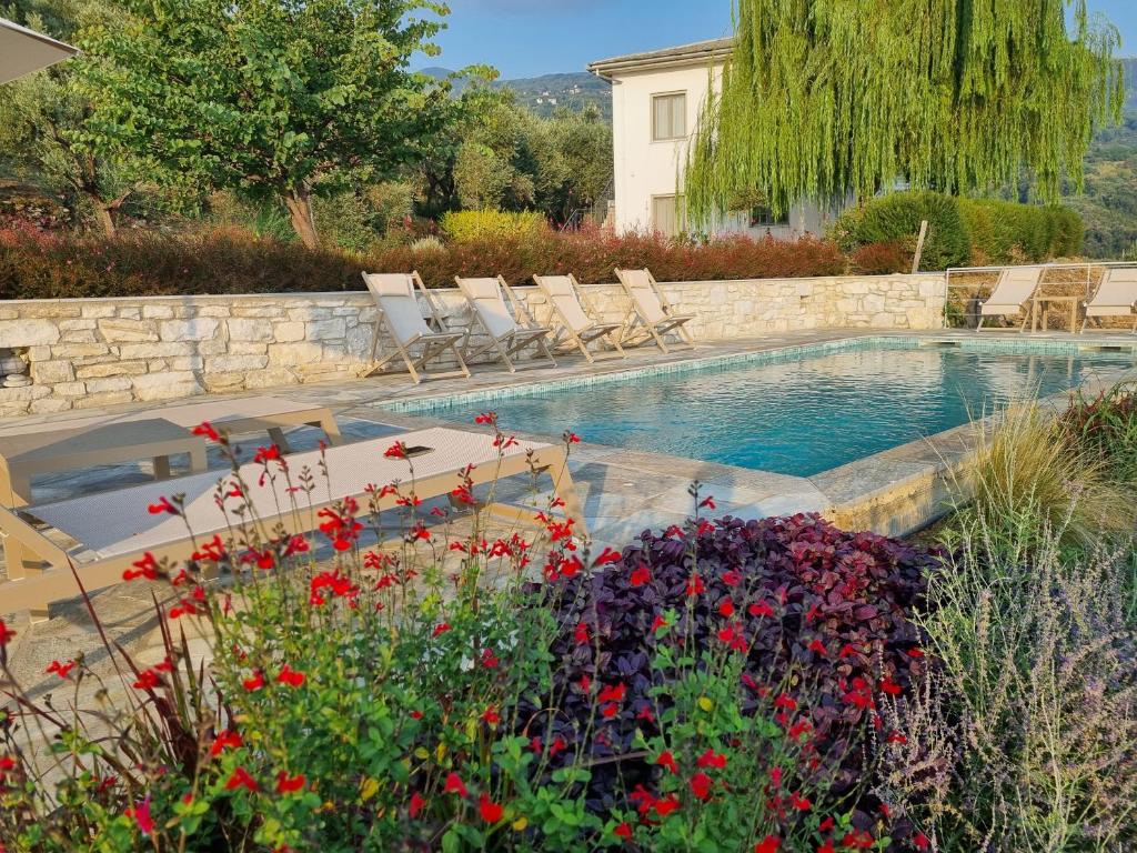 a pool with chairs and flowers in a yard at Moses Villa in Chorefto