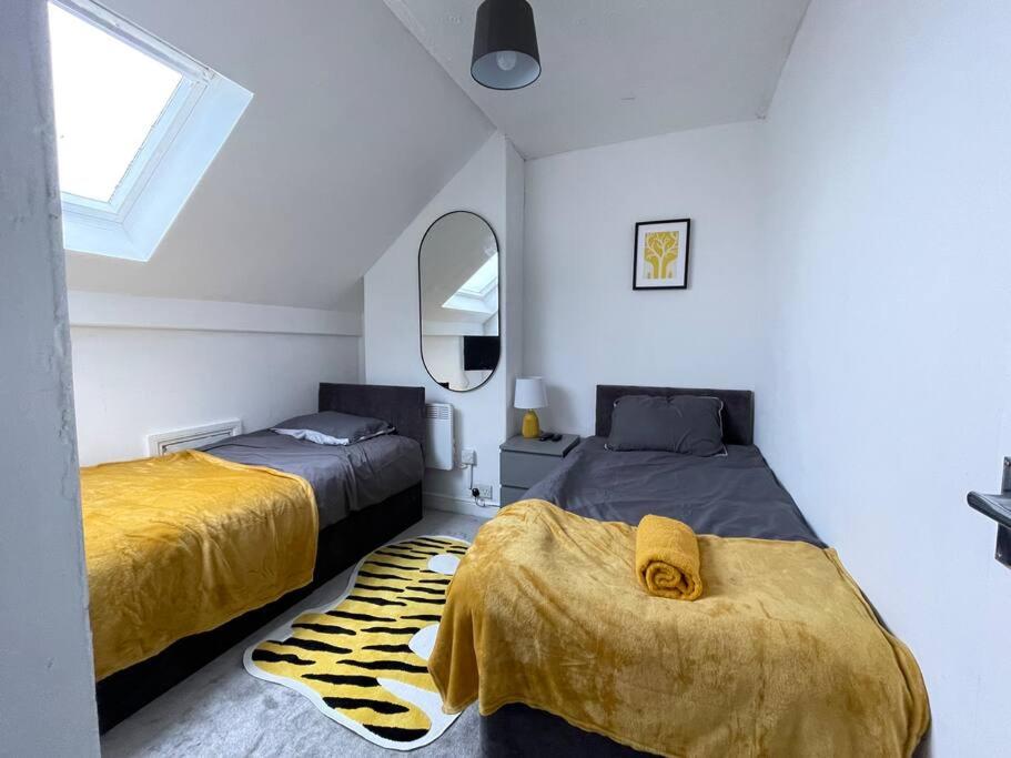 a bedroom with two beds and a mirror at 1 Bedroom flat with En-suite in Belle Isle