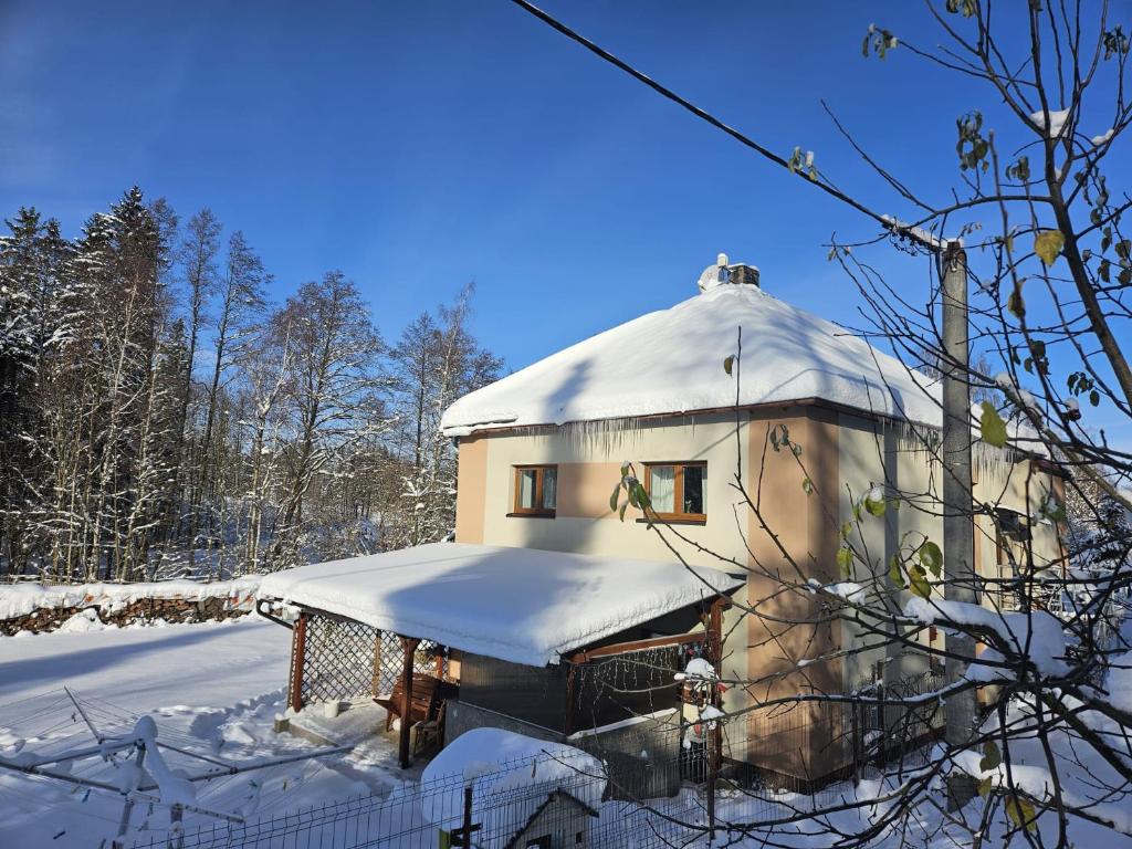 a building with a snow covered roof in the snow at Farma u lesa in Hlinsko