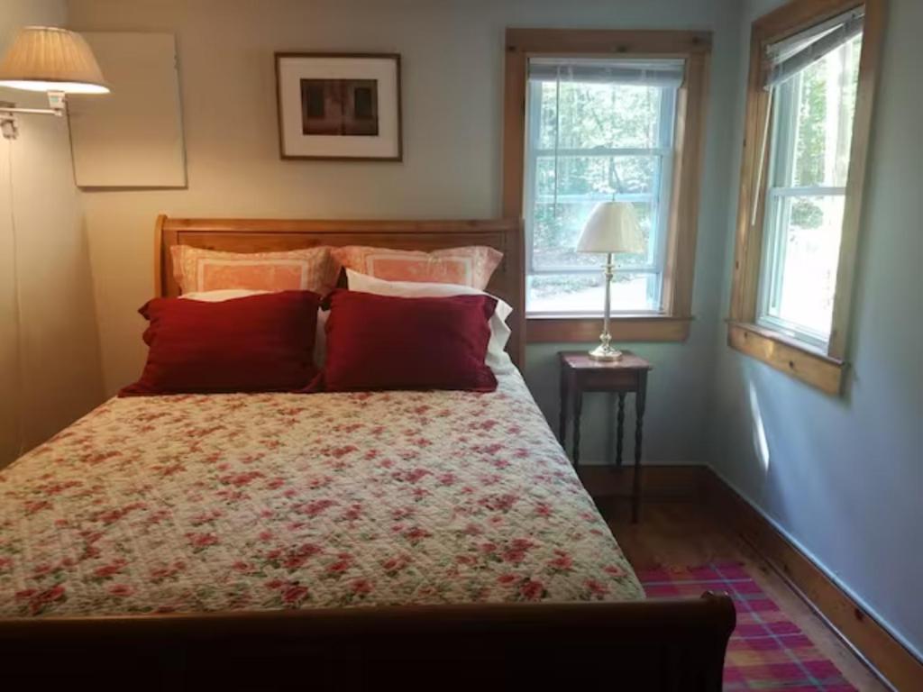een slaapkamer met een groot bed met rode kussens bij Tory Hill in Hillsdale