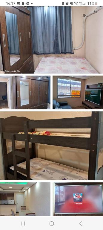 a collage of four pictures of a room with a bench at Apartamento na zona oeste in Padre Miguel