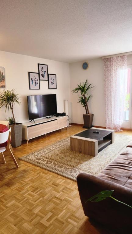 a living room with a couch and a tv at Cocooning House in Cugy