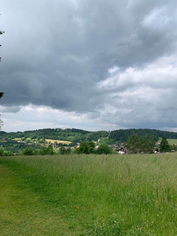a field of grass with a town in the background at Family Apartment MiniGlück in Sankt Englmar