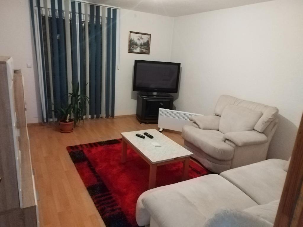a living room with a couch and a tv at Apartman Leki in Sarajevo