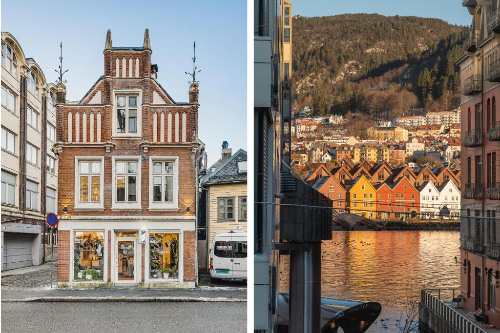 dos fotos de una ciudad y un río en Live in historic building - View to Bryggen, en Bergen