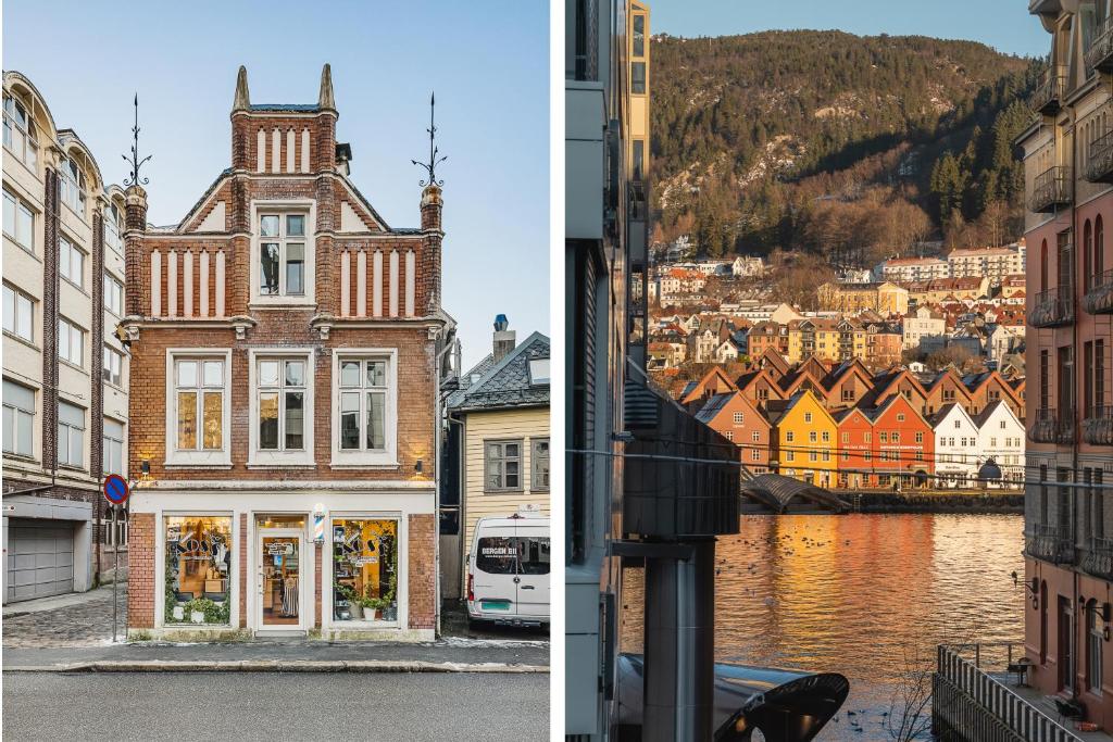 two pictures of a city and a river at Live in historic building - View to Bryggen in Bergen