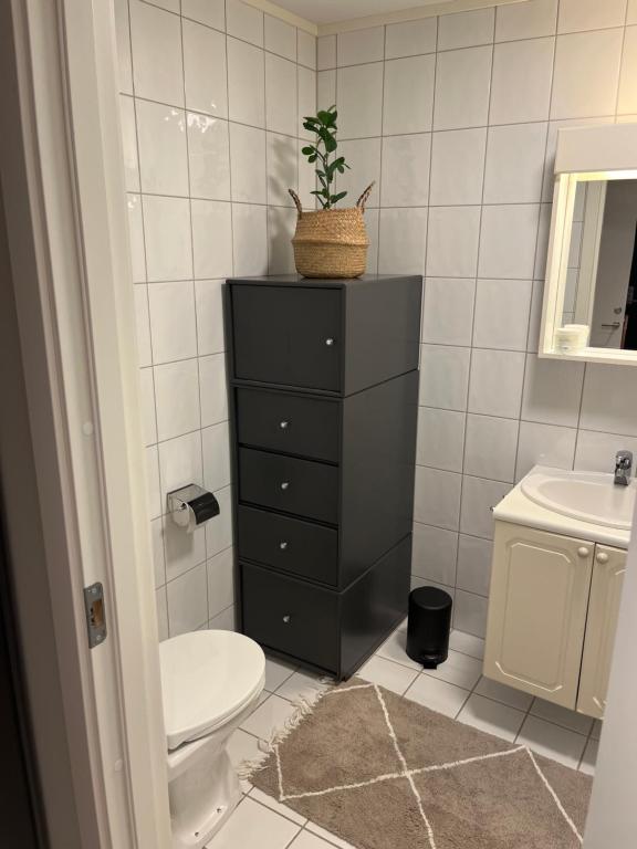 een badkamer met een toilet en een zwarte dressoir bij Liten koselig hybelleilighet for 1 til 2 personer - sentral beliggenhet og gunstig pris in Tromsø