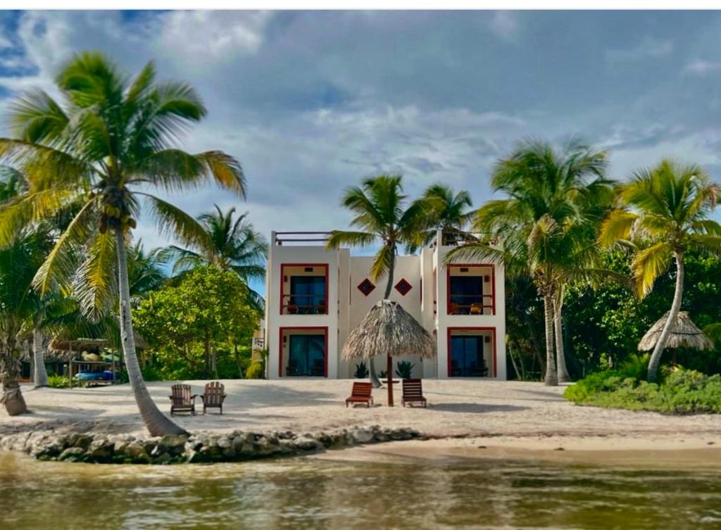 a building on the beach with palm trees at CASA PARAÍSO in Xcalak