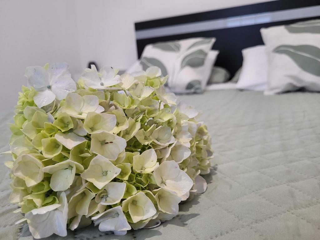 a bouquet of green and white flowers on a bed at Azores village apartments in Fontinhas