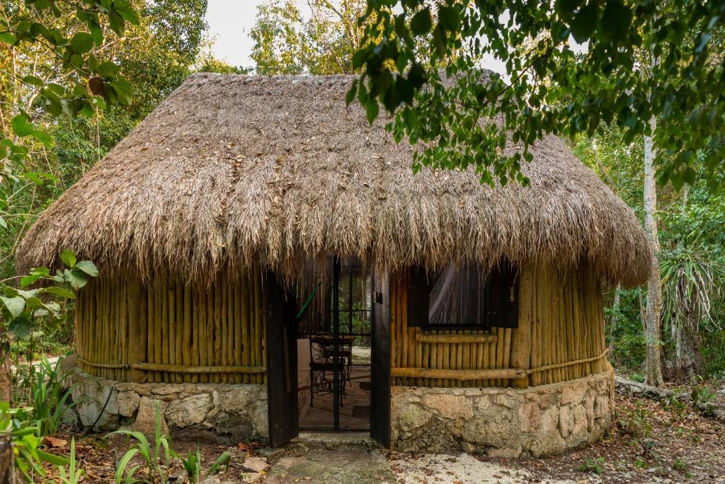 eine Hütte mit Strohdach und einem Stuhl darin in der Unterkunft Villa Maya - Glamping - Natural Reserve in Cozumel