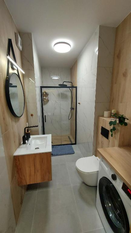 a bathroom with a toilet and a sink and a shower at Apartament Temisto in Bydgoszcz