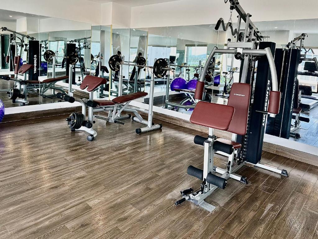 A close view of the gym's resistance equipment, benches and mirrored walls.