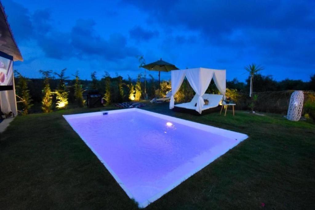 a swimming pool in the middle of a yard at night at Villa Nirvana in Halikounas with private pool in Halikounas