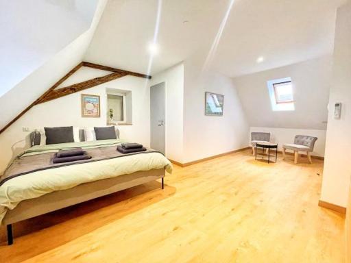 a bedroom with a large bed in a attic at Chambre Rose des Vents in Eguisheim