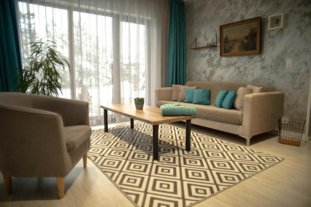 a living room with a couch and a coffee table at Modern DIY apartment in Petrikyula