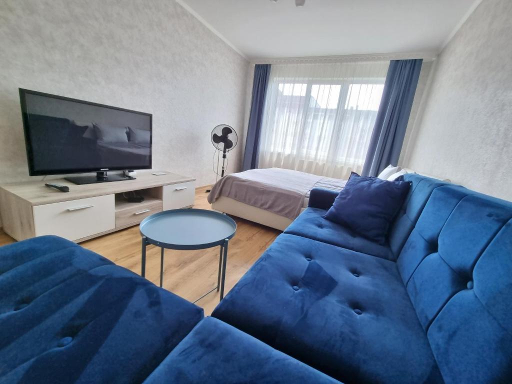 Riga City 2 Bedroom Lux Apartments في ريغا: غرفة معيشة بها أريكة زرقاء وتلفزيون
