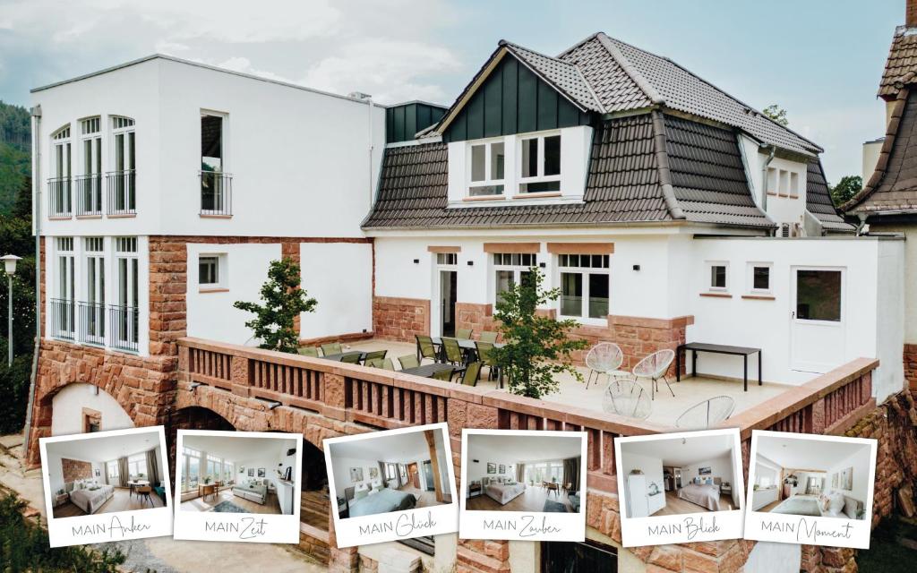 un groupe de quatre photographies d'une maison dans l'établissement Mainterrasse Panorama Apartments, à Miltenberg