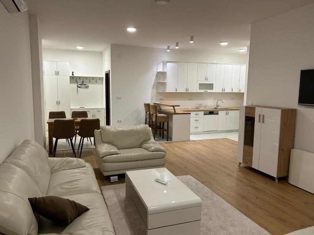 ein Wohnzimmer und eine Küche mit einem Sofa und einem Tisch in der Unterkunft Apartman Teo Banja Luka in Banja Luka