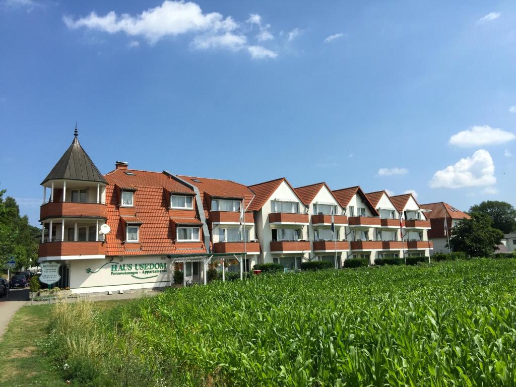 una fila de edificios de apartamentos junto a un campo de césped en Aparthotel HAUS USEDOM, en Kolpinsee