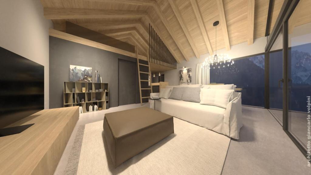 a bedroom with a bed and a stool in it at DALANIA MOUNTAIN APARTMENTS in Ponte di Legno