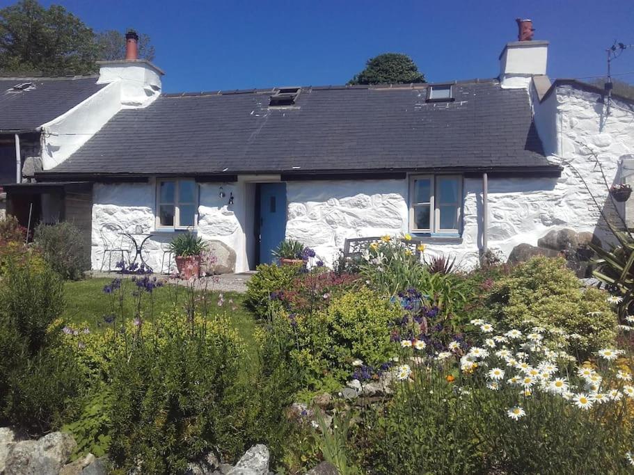 ein weißes Haus mit einem Garten davor in der Unterkunft Traditional stone cottage with sea views in Snowdonia National Park in Brynkir