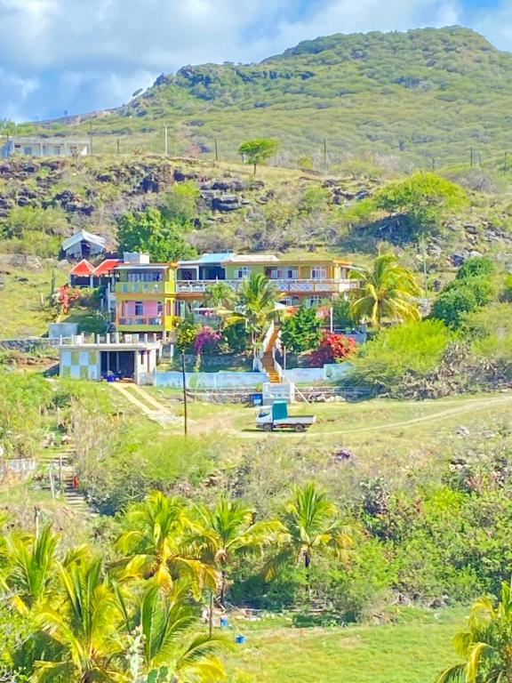 ein Haus auf einem Hügel mit Palmen in der Unterkunft La Rosedepine chez Mariani chez l'habitant in Rodrigues Island