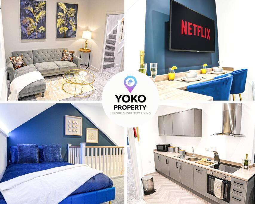 Luxury City Centre Apartment with Juliet Balcony, Fast Wifi and SmartTV with Netflix by Yoko Property في آيْلسبري: ملصق بثلاث صور لغرفة نوم وصالة جلوس