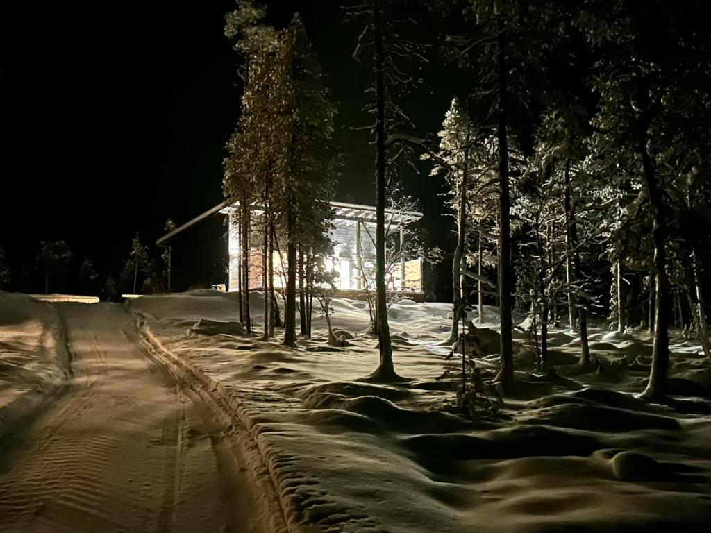una casa nella neve di notte con gli alberi di Villa Paadari a Inari