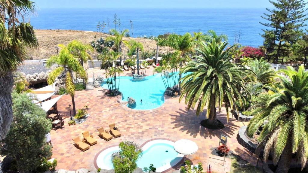 - une vue sur la piscine bordée de palmiers et l'océan dans l'établissement Estandar un dormitorio con estupenda vista y piscina, Playa Los Roques, à Los Realejos