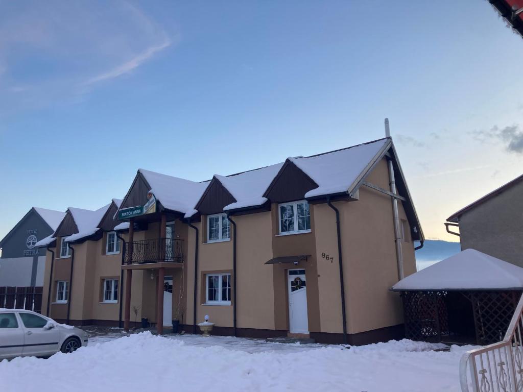 a building with snow on top of it at Penzion Anna in Hrabušice