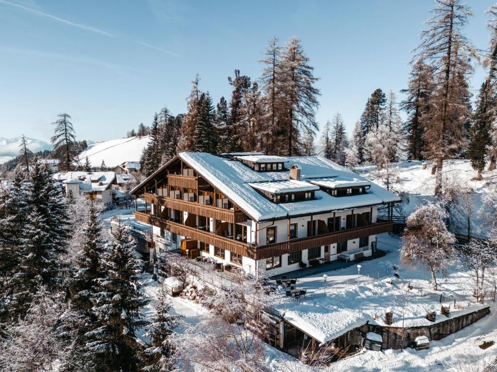 una vista aérea de una casa en la nieve en Hotel Mont Floris Obereggen en Obereggen