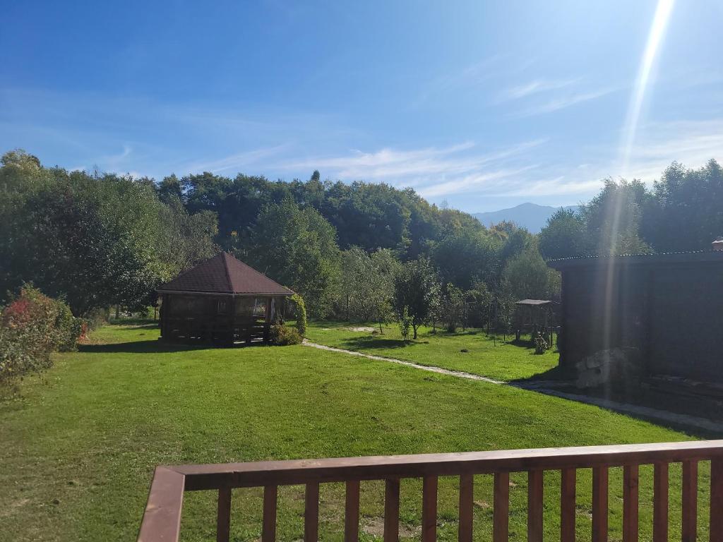 a view of a yard with a gazebo at Family Mountain Cottage in Cârțișoara