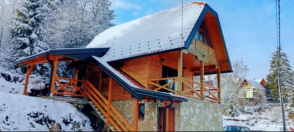 una cabaña de madera en la nieve con techo en Brvnara Tarska Zora en Sekulić 