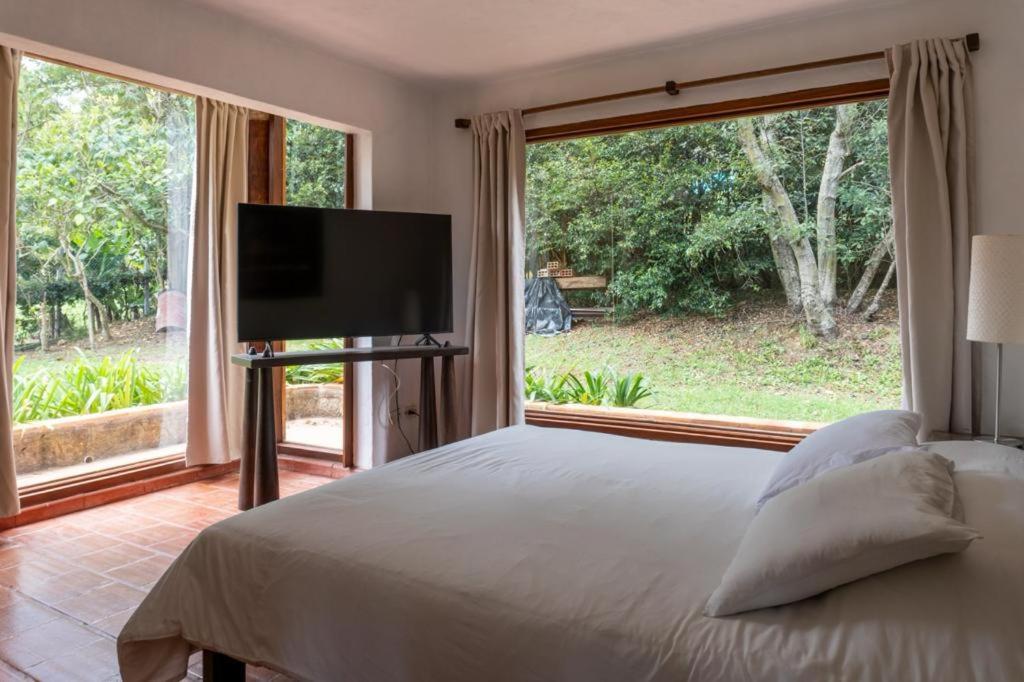 - une chambre avec un grand lit et une grande fenêtre dans l'établissement La Leyenda Apartamentos, à Villa de Leyva