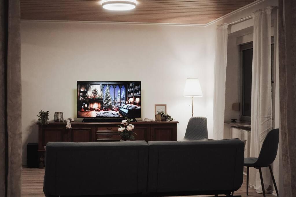 ein Wohnzimmer mit einem Sofa und einem Flachbild-TV in der Unterkunft Charmantes & offenes Apartment in Ramstein-Miesenbach