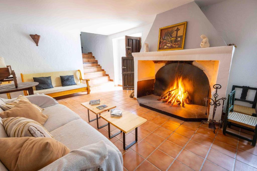 a living room with a fireplace and a couch at Molino de Gris Cazorla in Chilluévar